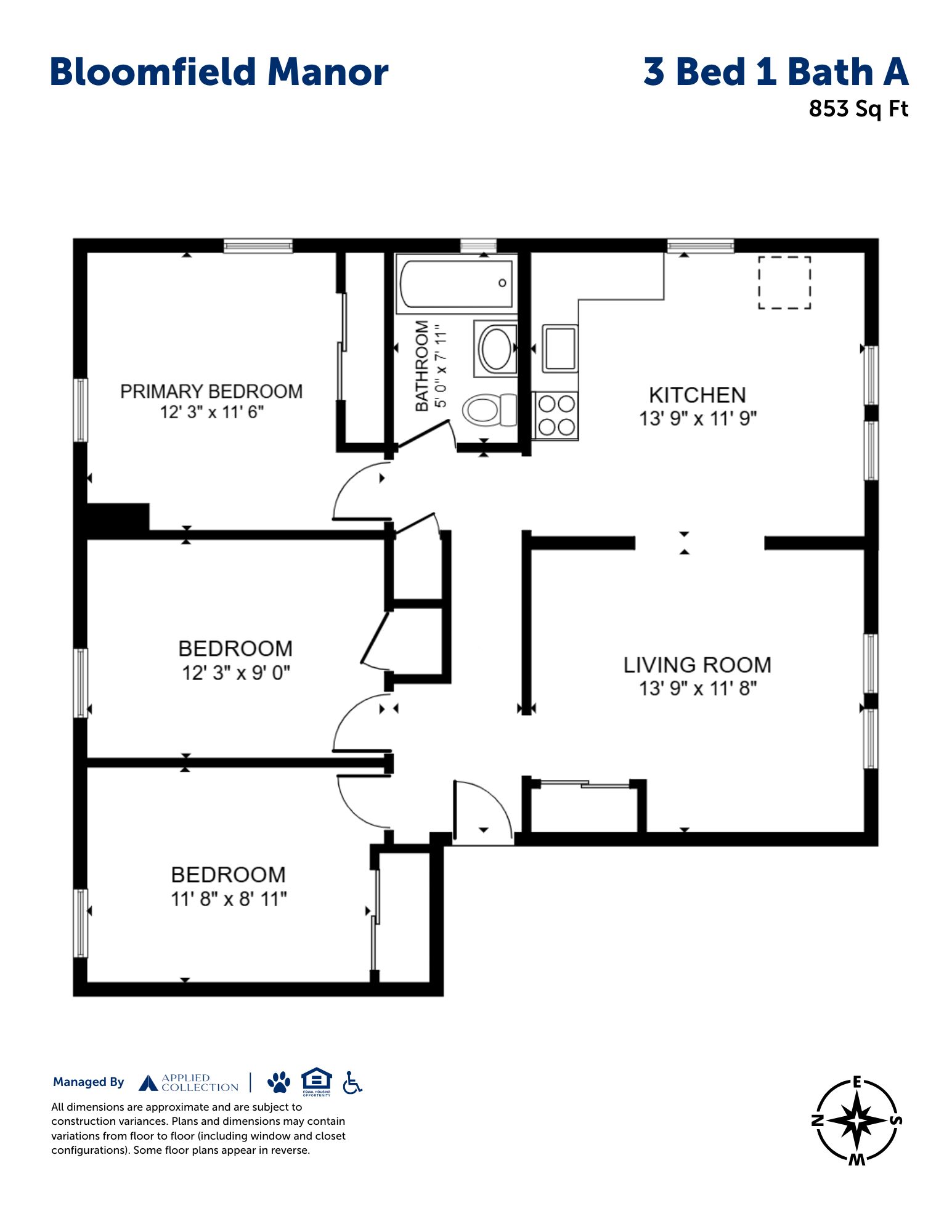 Floor plan for 3 beds, 1 bath, 853 sqft